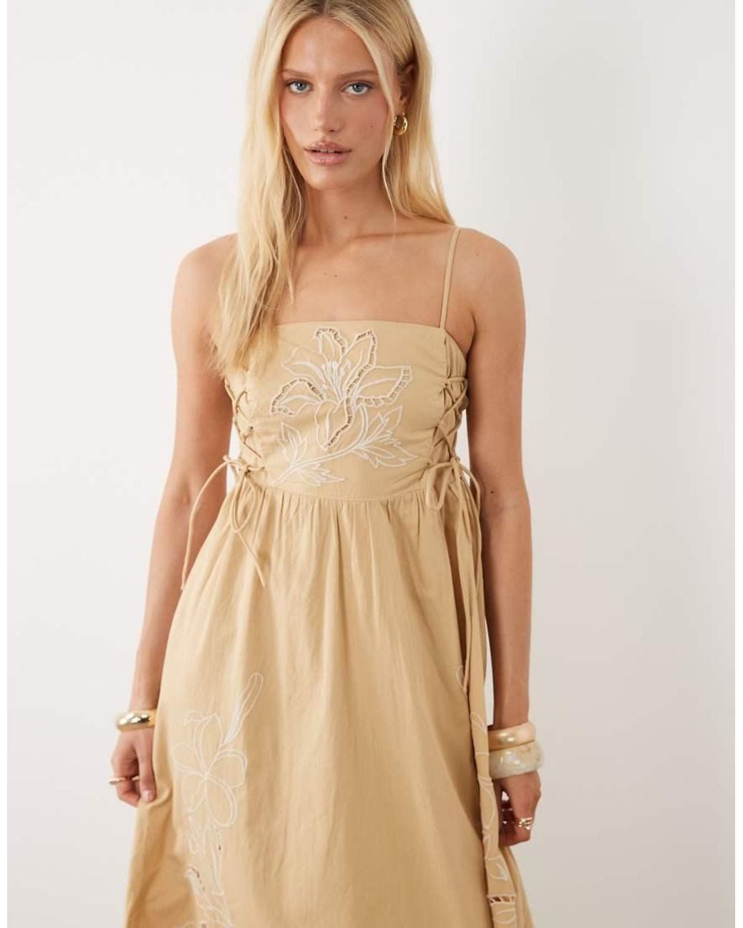 River Island Natural Tie Side Floral Embroidered Midi Dress