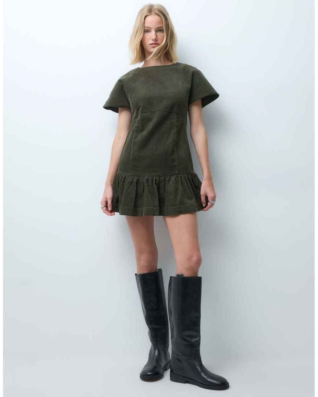 ASOS Green Cord T-shirt Mini Dress With Ruched Skirt