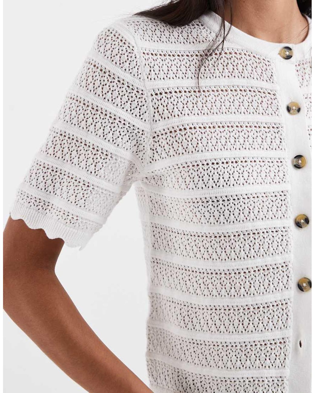 Brave Soul White Crochet Knit Short Sleeve Cardigan With Scallop Detail