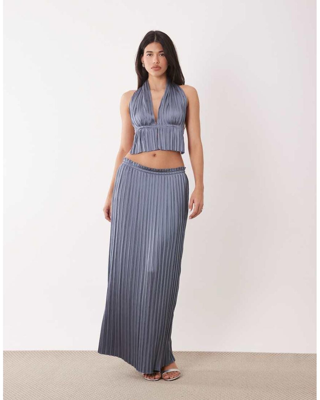 Aria Cove Blue Plisse Halterneck Plunge Open Tie Back Top