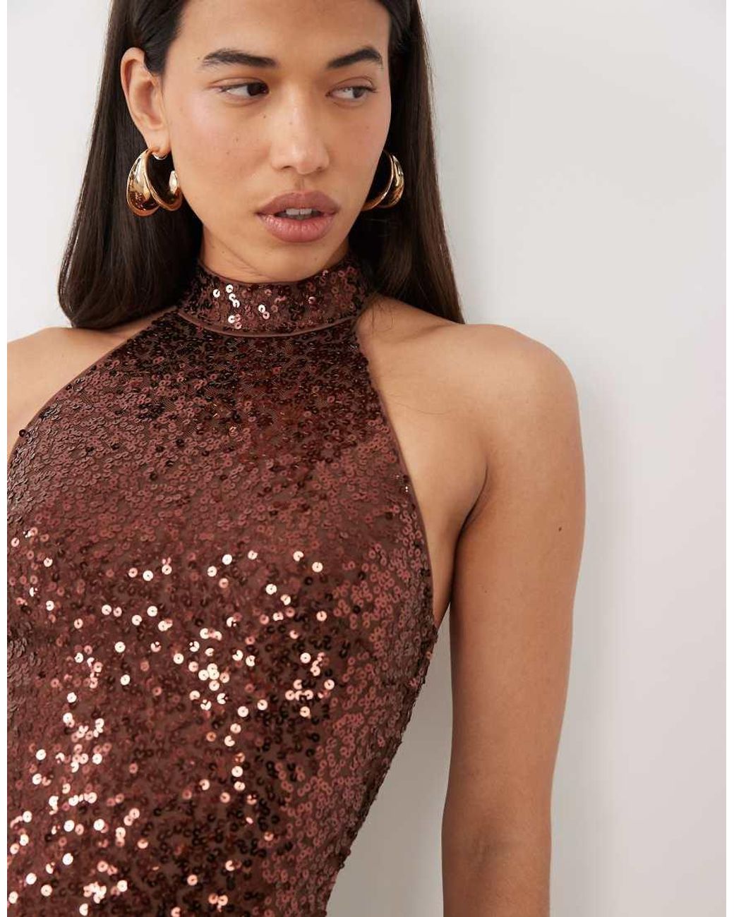 Ruched & Ready Brown Sequin High Neck Halterneck Mini Dress