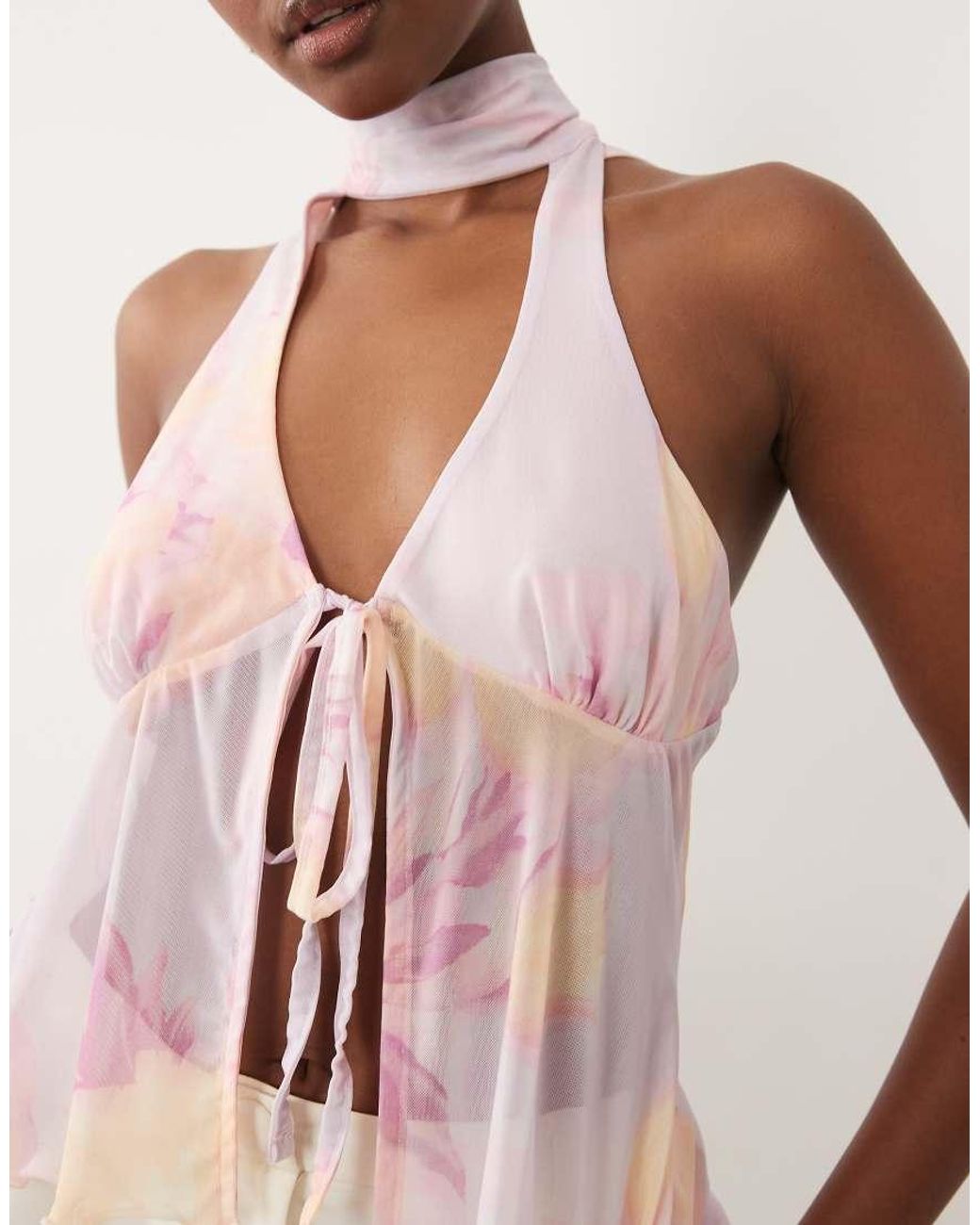 ASOS Natural Printed Mesh Tie Front Asymmetric Hem Halter Top