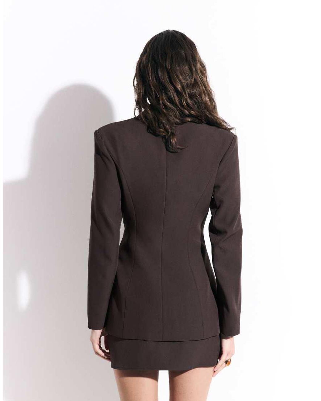 Kaiia Brown Exclusive Structured Shoulder Pad Cinched Waist Blazer Co-Ord