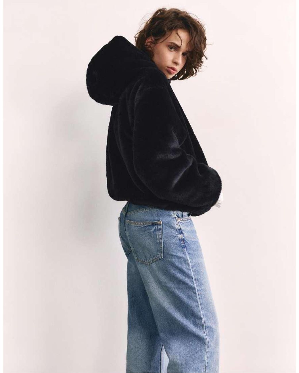 Pull&Bear Blue Hooded Faux Fur Jacket