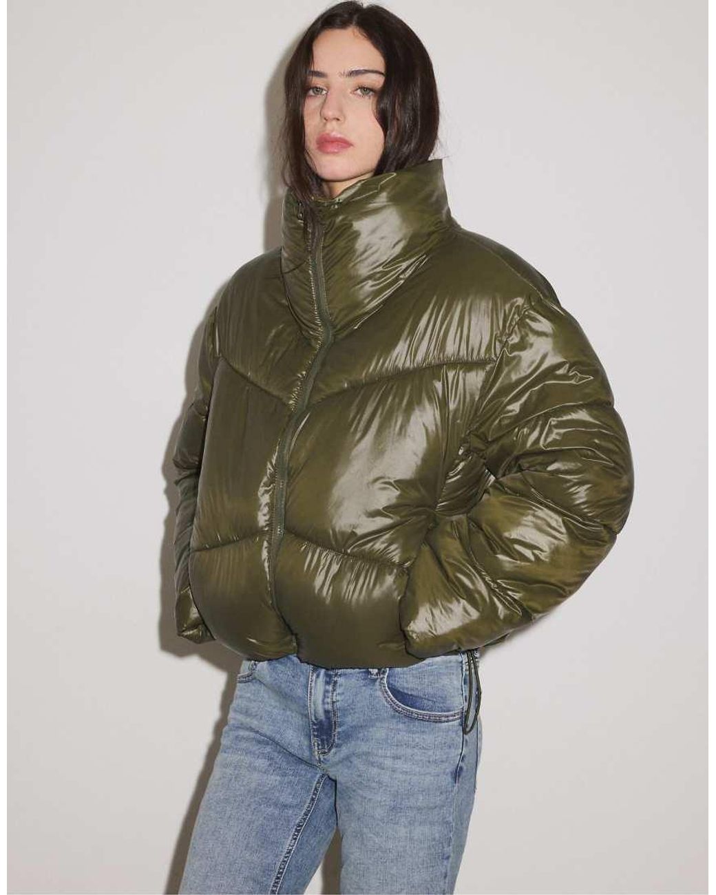 Stradivarius Blue Cropped High Neck Padded Jacket