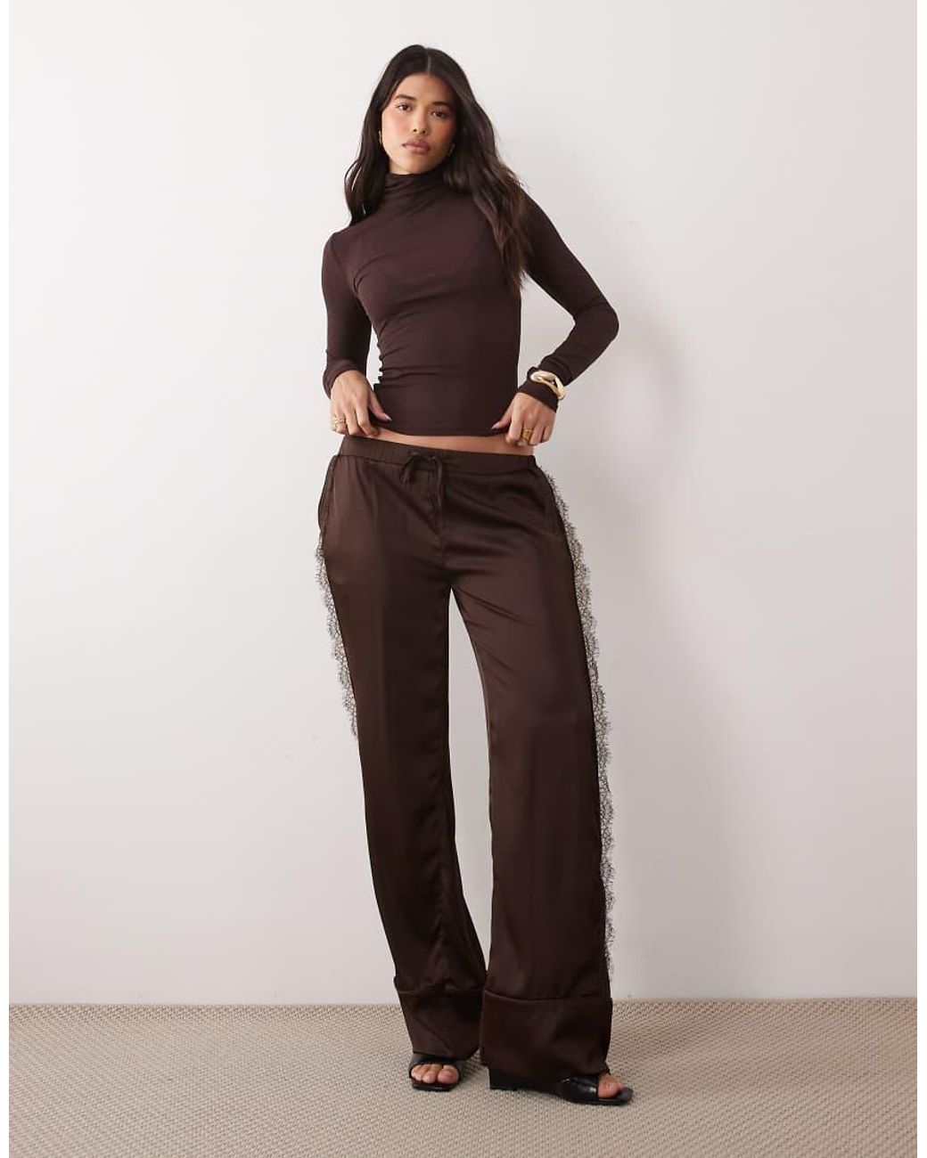 Noughts & Kisses Natural Arela Satin Tie Waist Lace Side Trim Detail Wide Leg Trousers