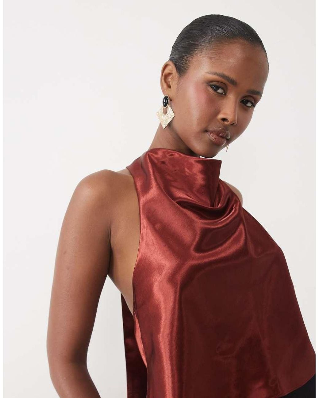 Bardot Red Satin High Cowl Neck Cropped Backless Top