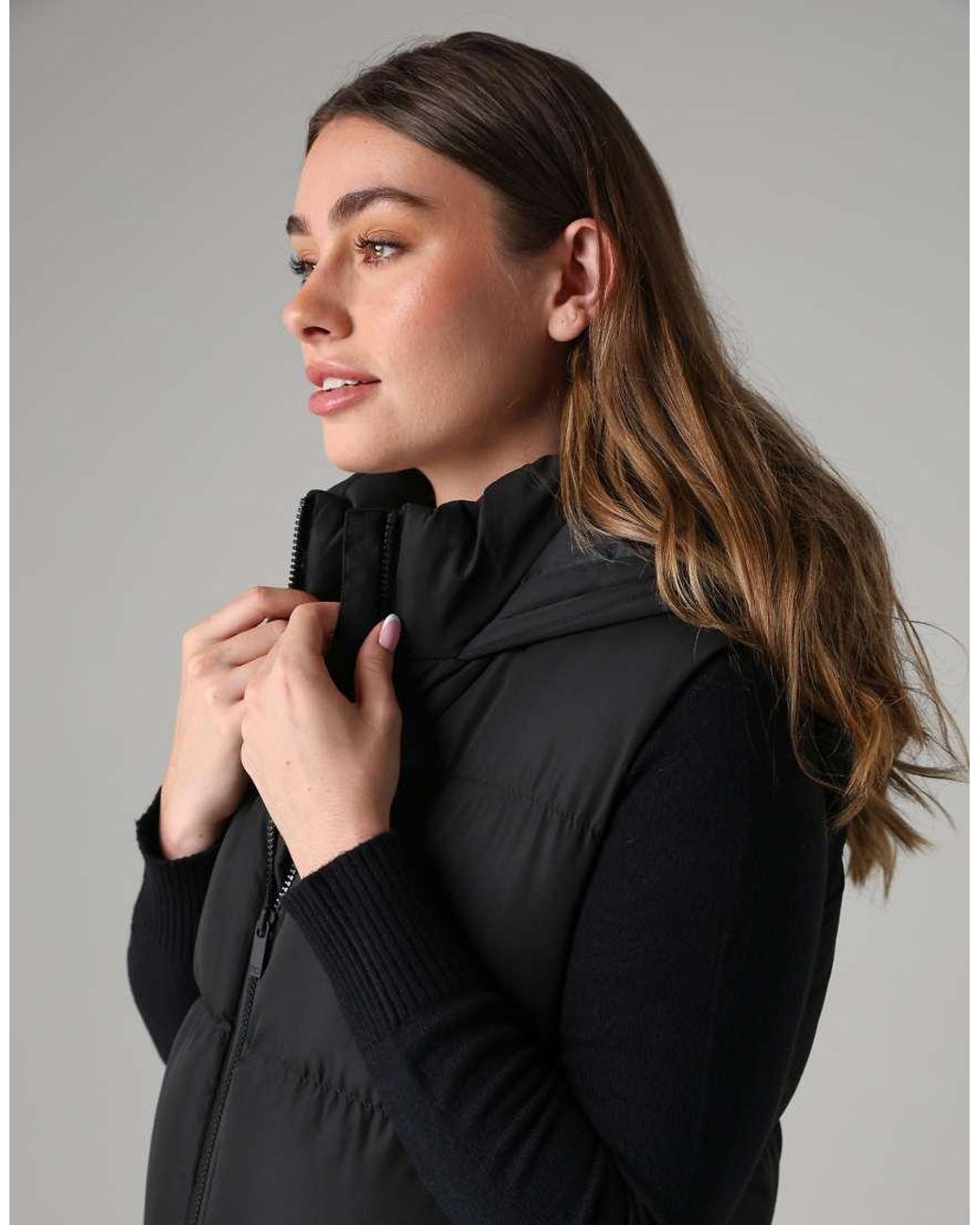 French Connection Black Longline Quilted Gilet With Hood