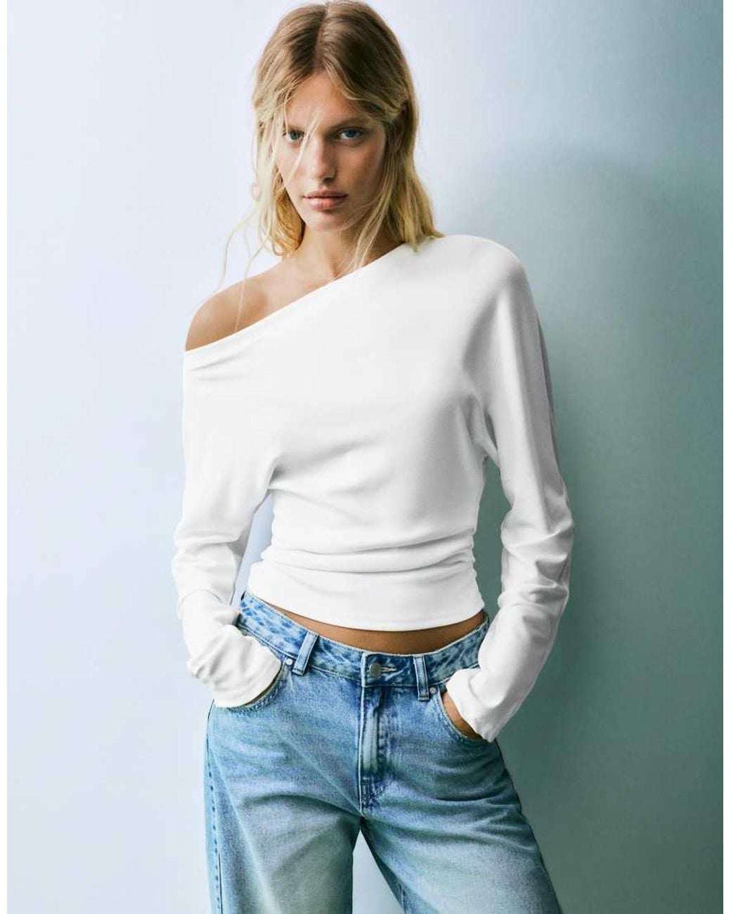 Pull&Bear White Asymmetric Long Sleeve Top