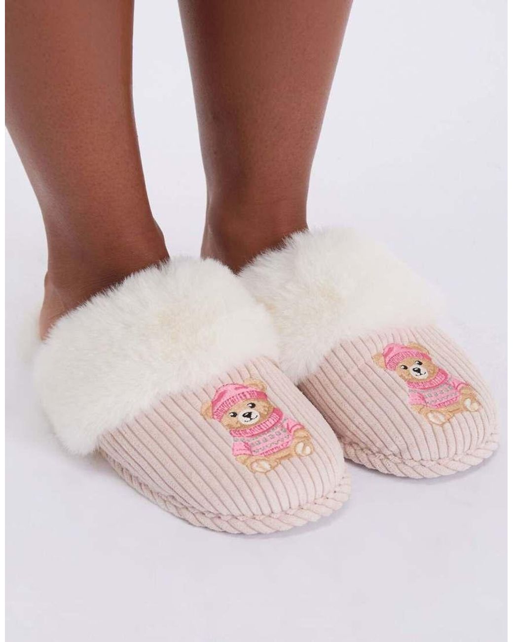 Boux Avenue Pink Cosy Soft Teddy Embroidered Fluffy Mule Slippers