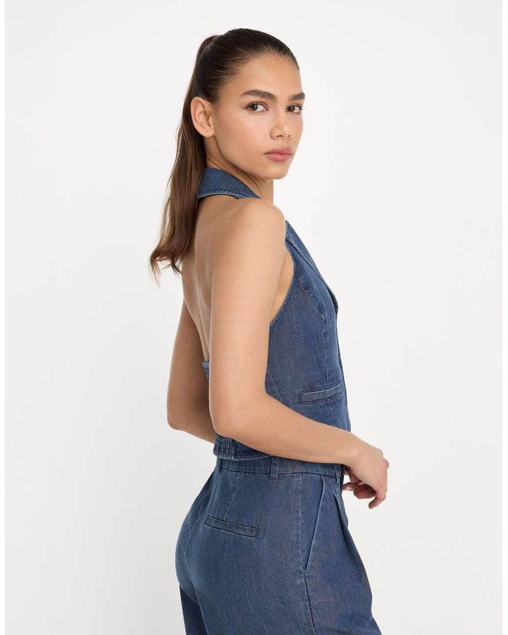 GOOD AMERICAN Blue Denim Luxe Suiting Halter Neck Waistcoat Co-Ord