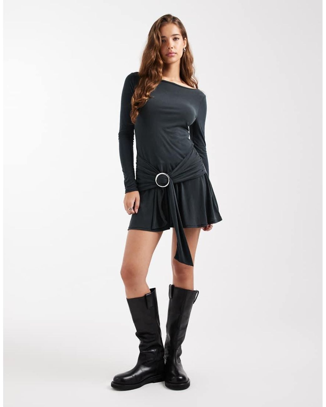 Collusion Black Slash Neck Mini Dress With Ring Detail