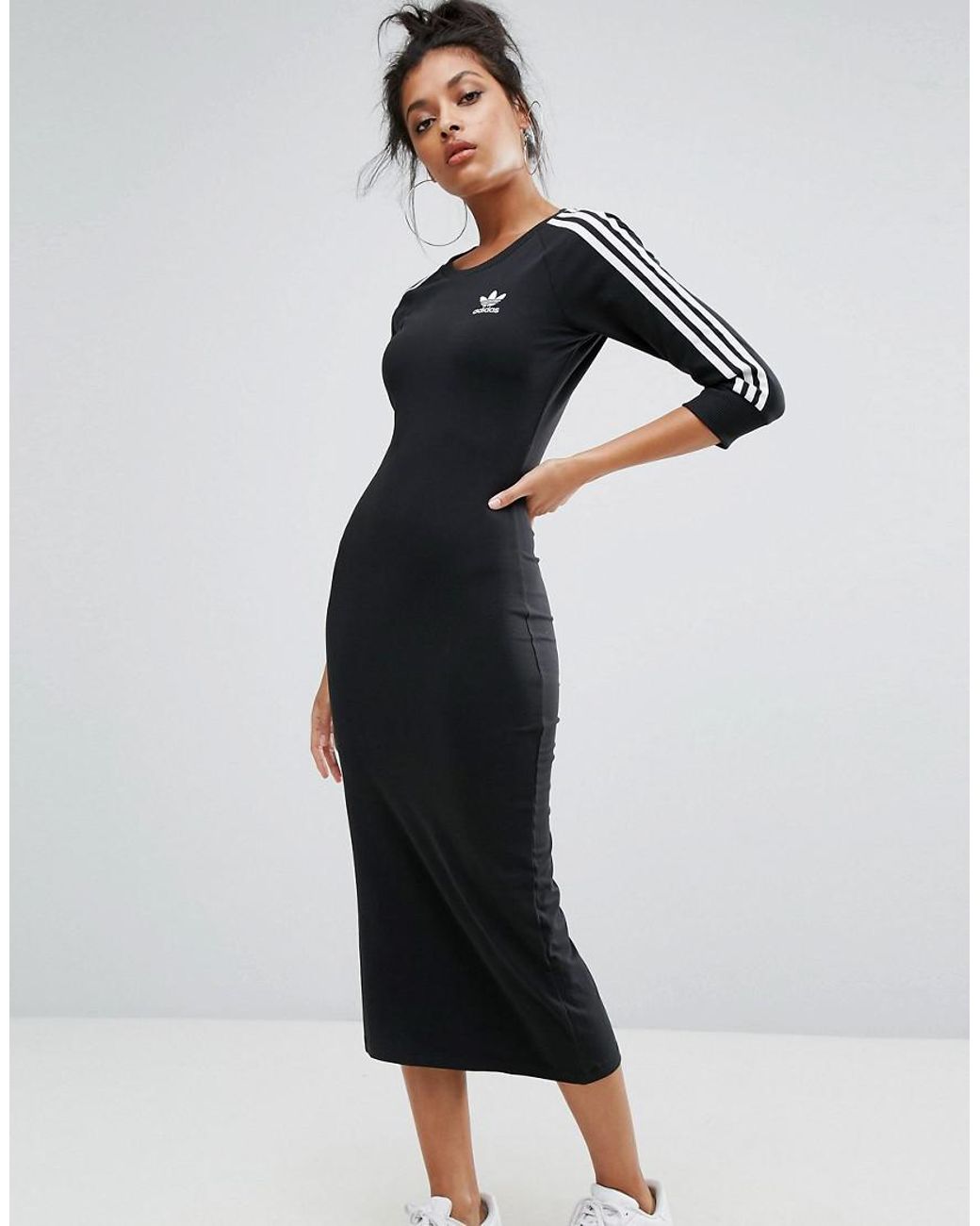adidas Originals Originals Black Three Stripe Midi Dress | Lyst Canada