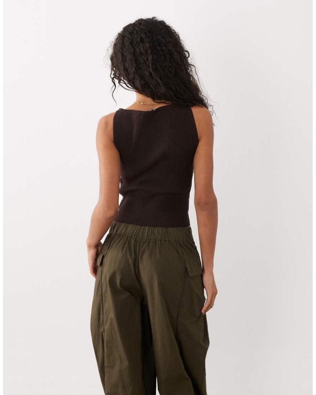 Mango Brown Ribbed Boat Neck Sleeveless Top