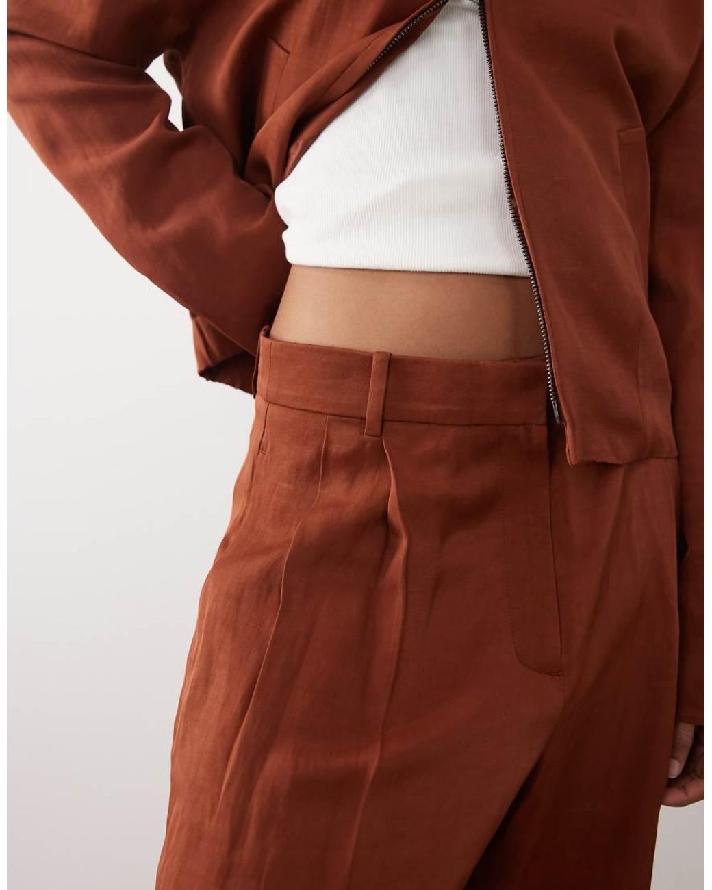 Mango Brown Vbbargen Linen Mix Pleated Front Straight Leg Pants