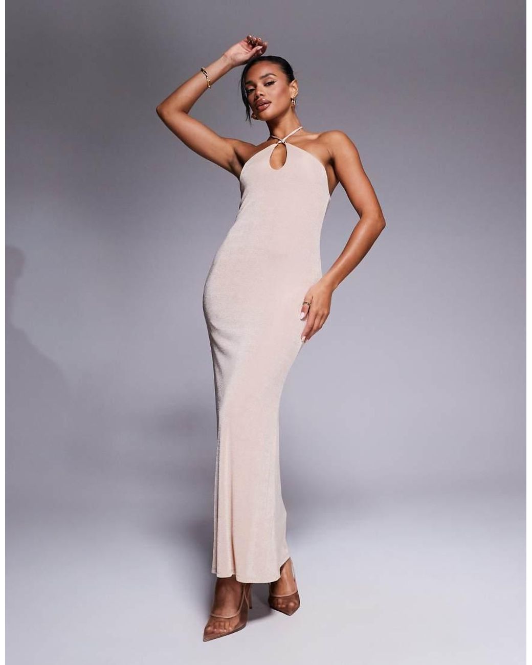 ASOS Natural Halter Neck With Bead Details Maxi Dress