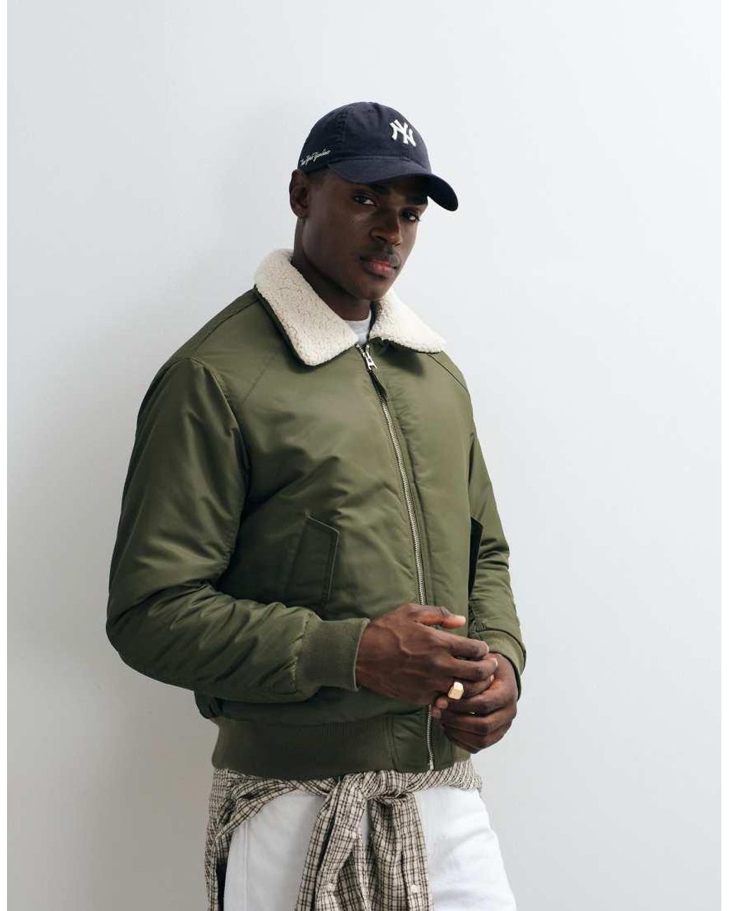 Blend Green Bomber Jacket With Contrast Collar for men