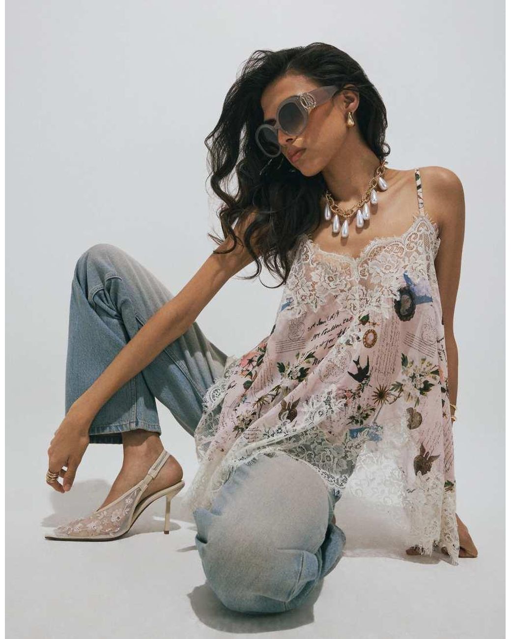 River Island Gray Script Print Lace Cami Top