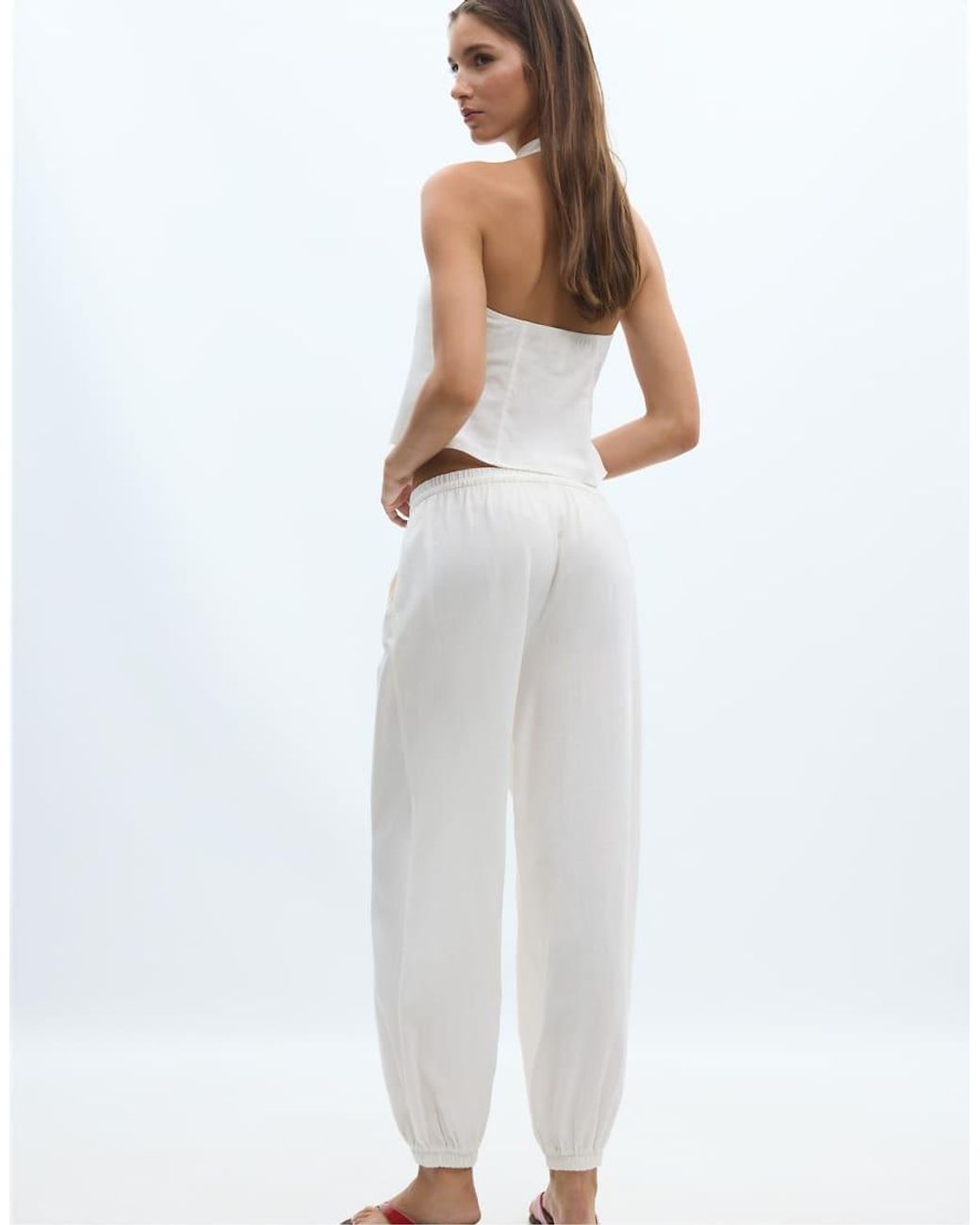 Stradivarius White Tall Linen-effect Sarouel Trousers