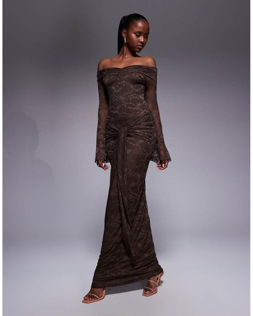 Kaiia Blue Exclusive Double Layered Slinky Lace Bardot Flare Sleeve Tie Waist Drape Detail Maxi Dress
