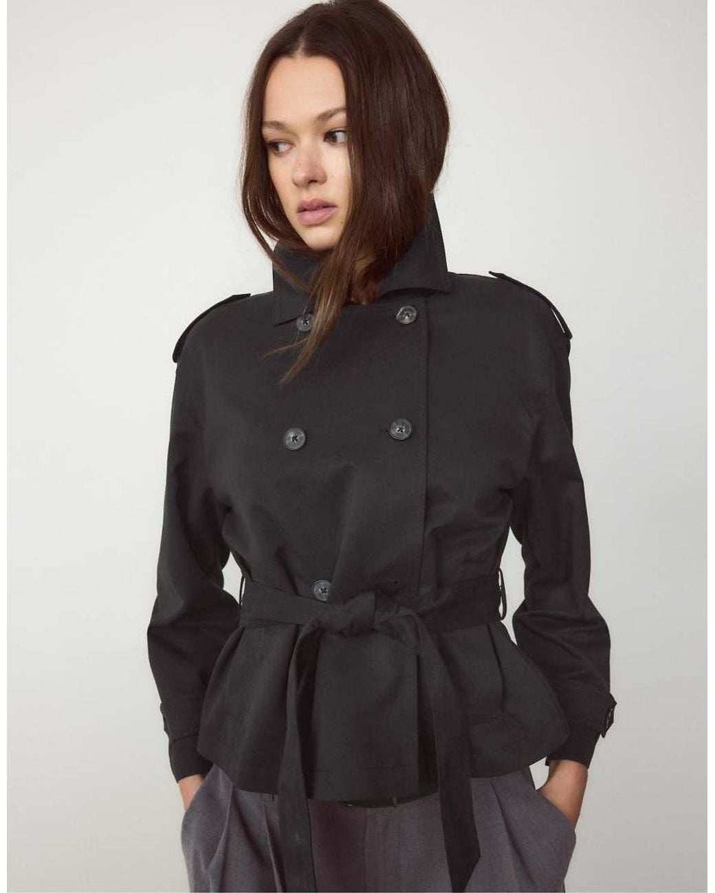 Stradivarius Black Cropped Trench Coat With Belt