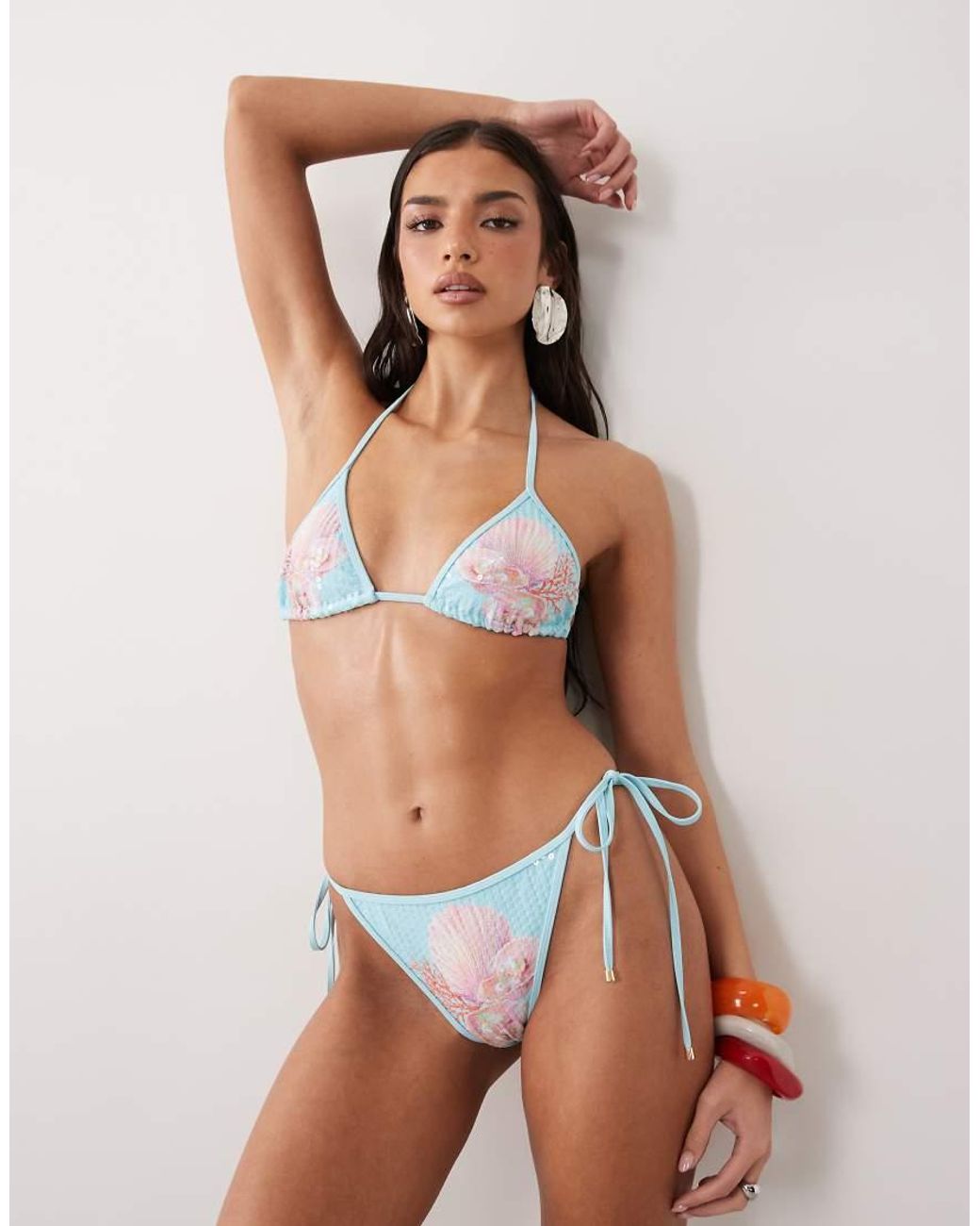 South Beach Blue Pink Shell Print Triangle Bikini Top