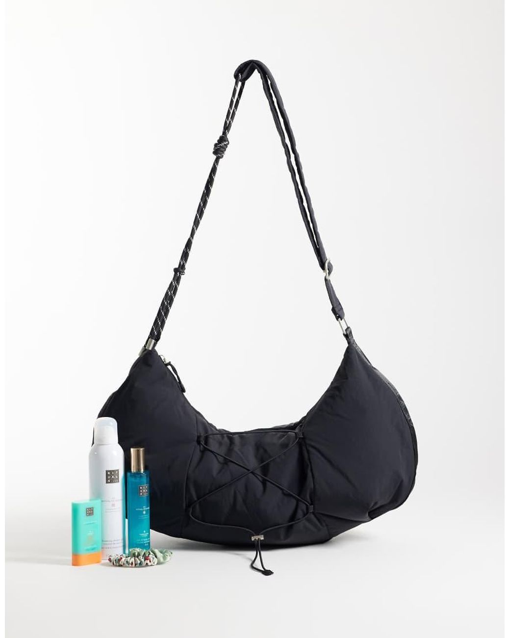 4505 Black Studio Oversized Woven Cross Body Bag With Rope Detail
