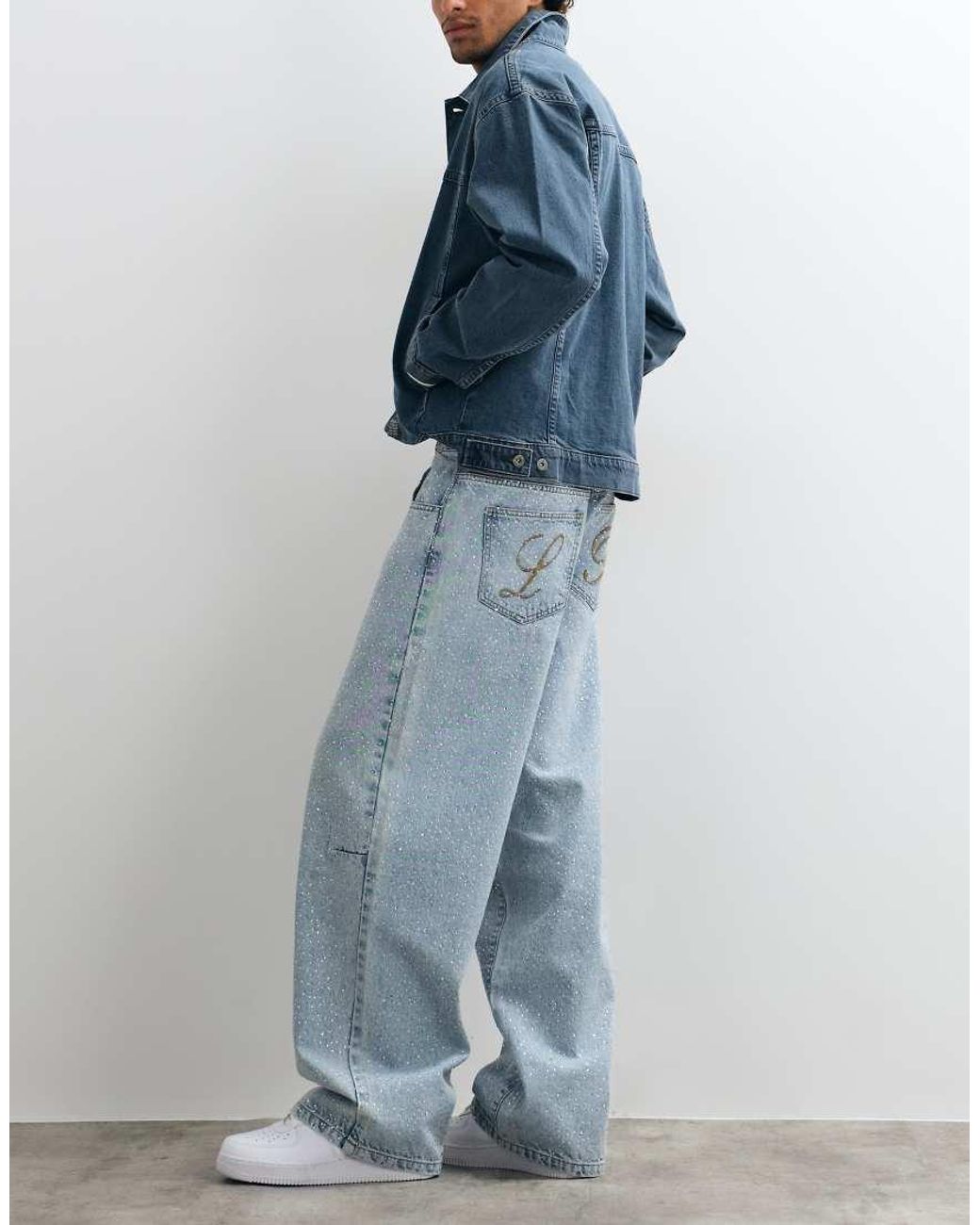 Liquor N Poker Blue Relaxed baggy Rhinestone Detail Jeans for men