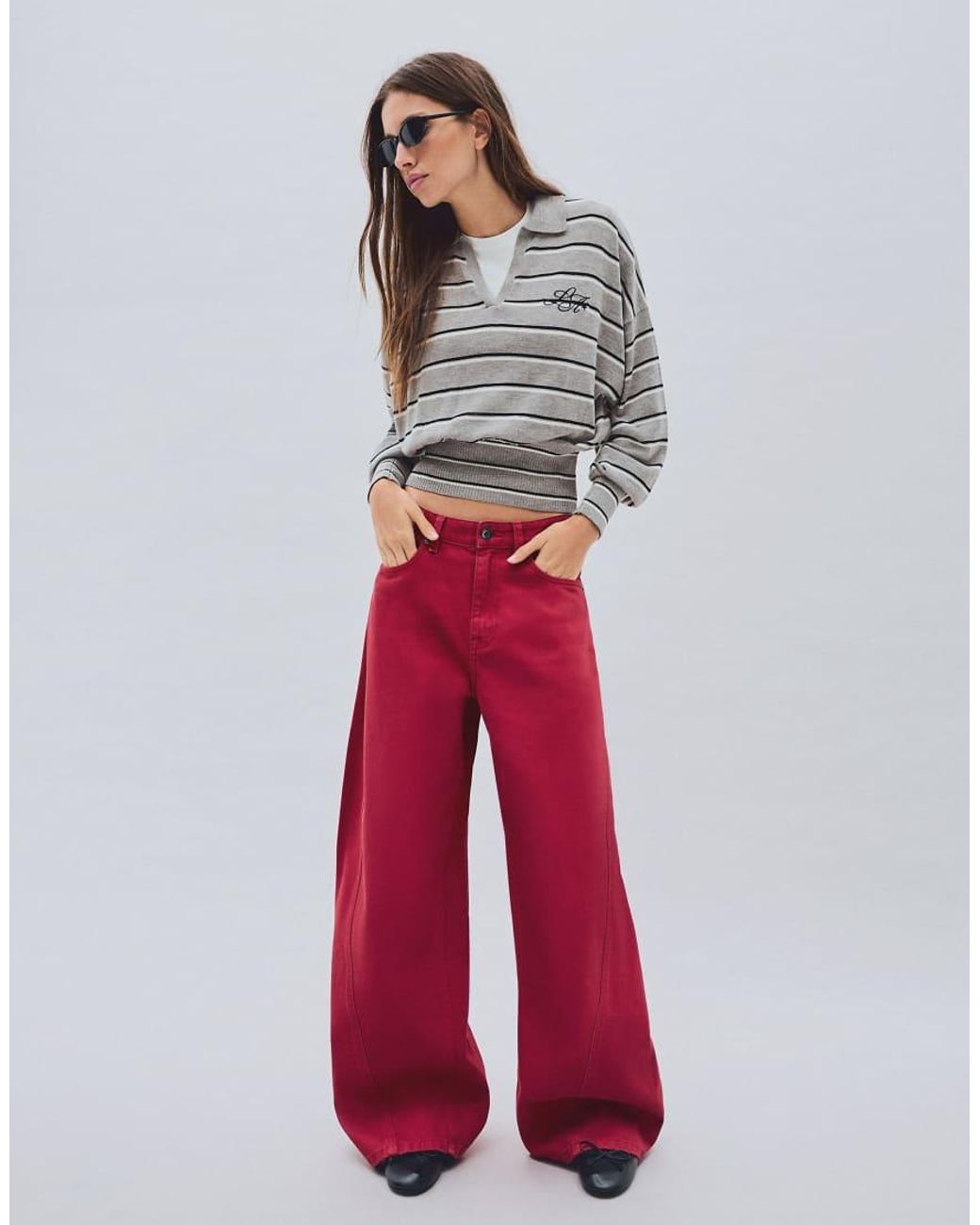 Bershka Red Ribbed Polo Collar Jumper