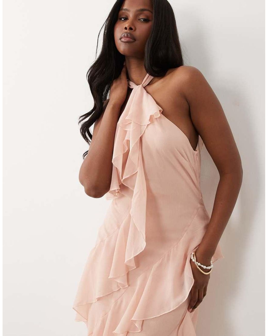 Pretty Lavish Natural Aria Chiffon Halter Neck Ruffle Midi Dress