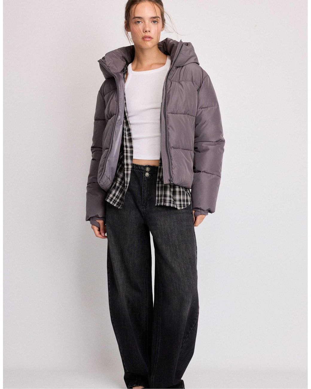 Stradivarius Gray Basic kapuzen-steppjacke
