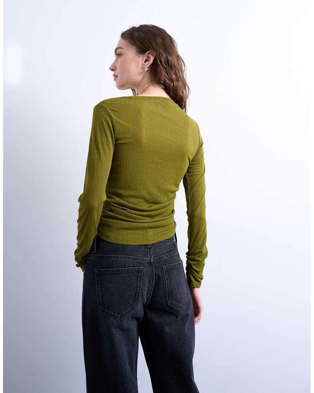 TOPSHOP Green Mesh Twisted Draped Long Sleeve Top