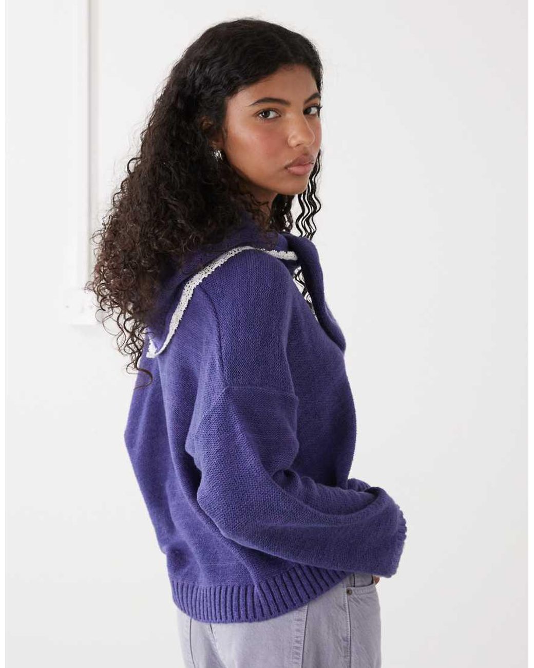 Reclaimed (vintage) Blue Cropped Boxy Cardigan With Headscarf With Crochet Trim