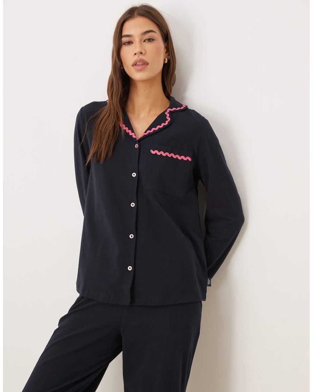 Chelsea Peers Blue Long Button Up Pajama Set With Good Morning Embroidery And Wavy Trim