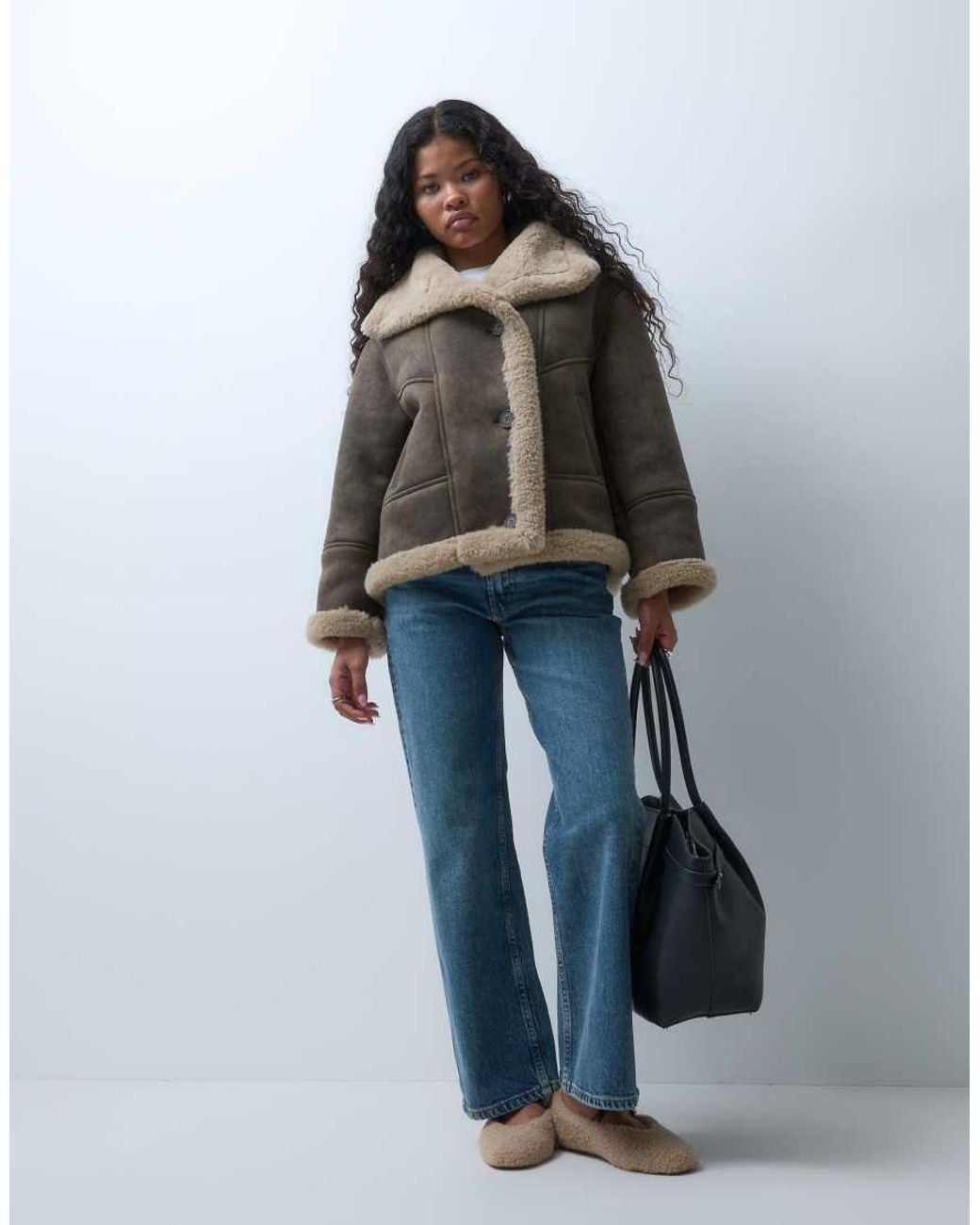 ASOS Black Asos Design Petite Waterfall Collar Borg Lined Shearling Jacket