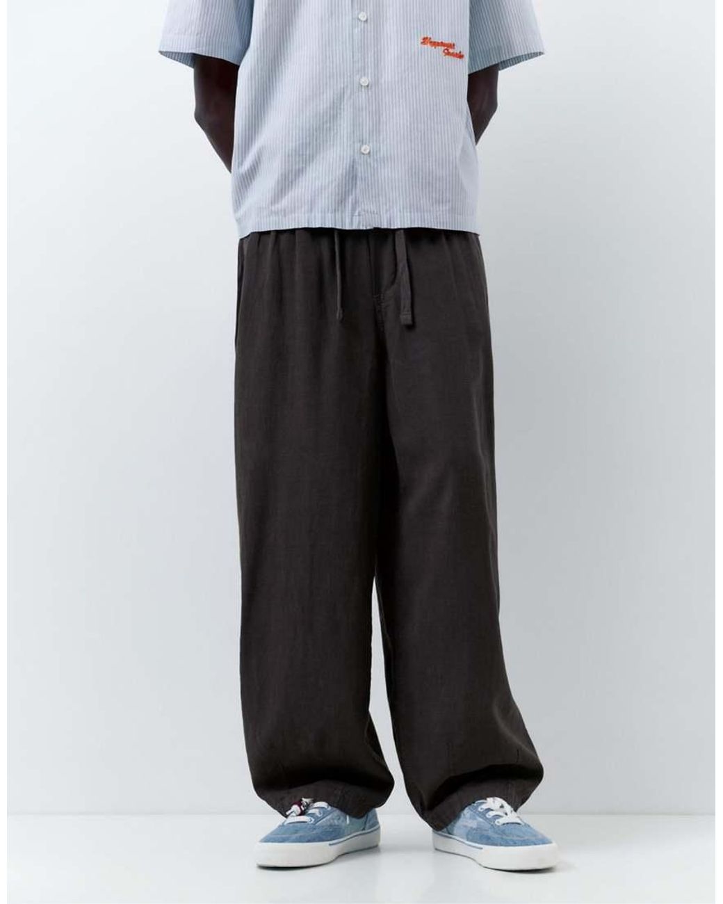 Pull&Bear Gray Linen Blend Trousers for men