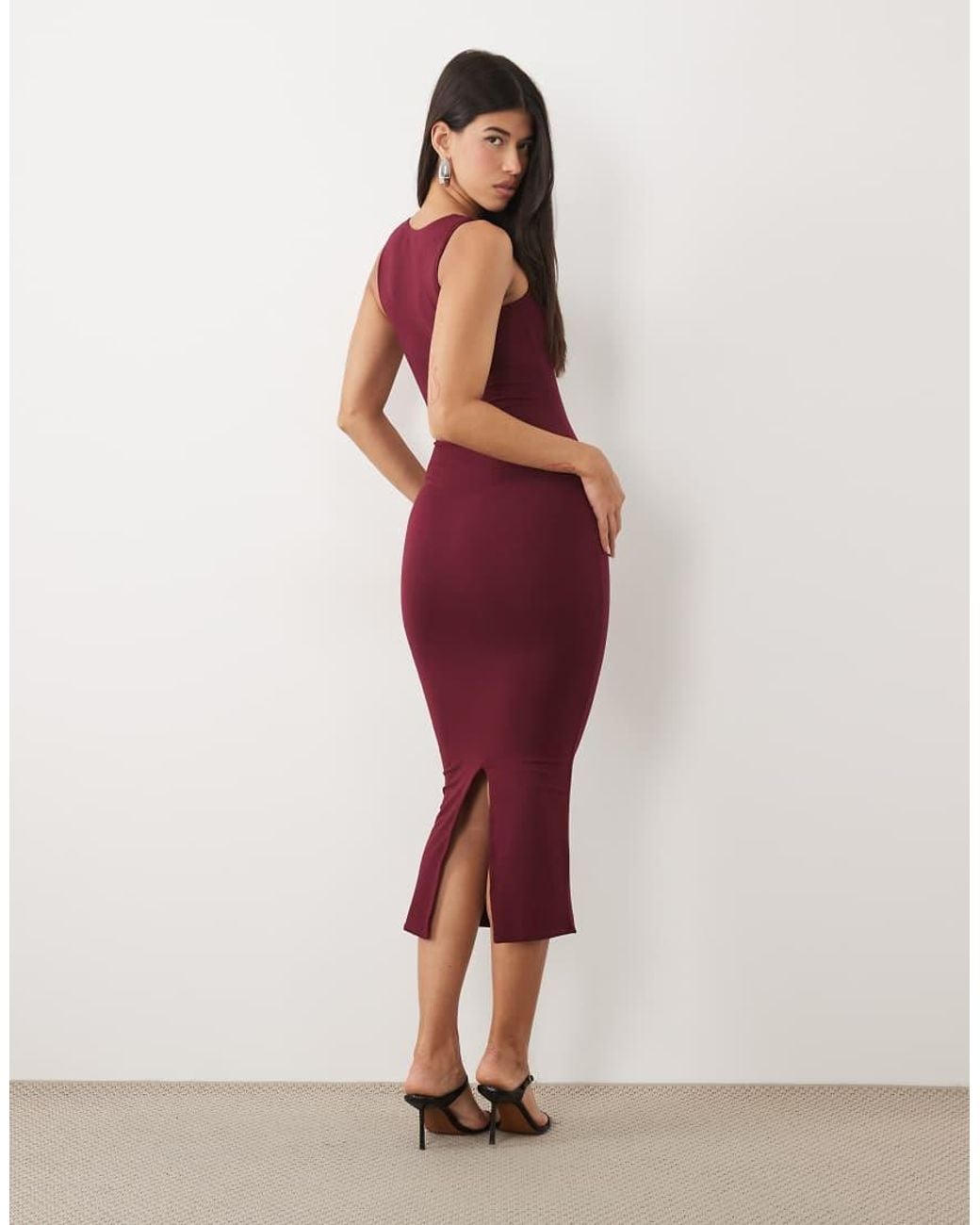 Oh Polly Red Modal Square Neck Bodycon Midi Dress