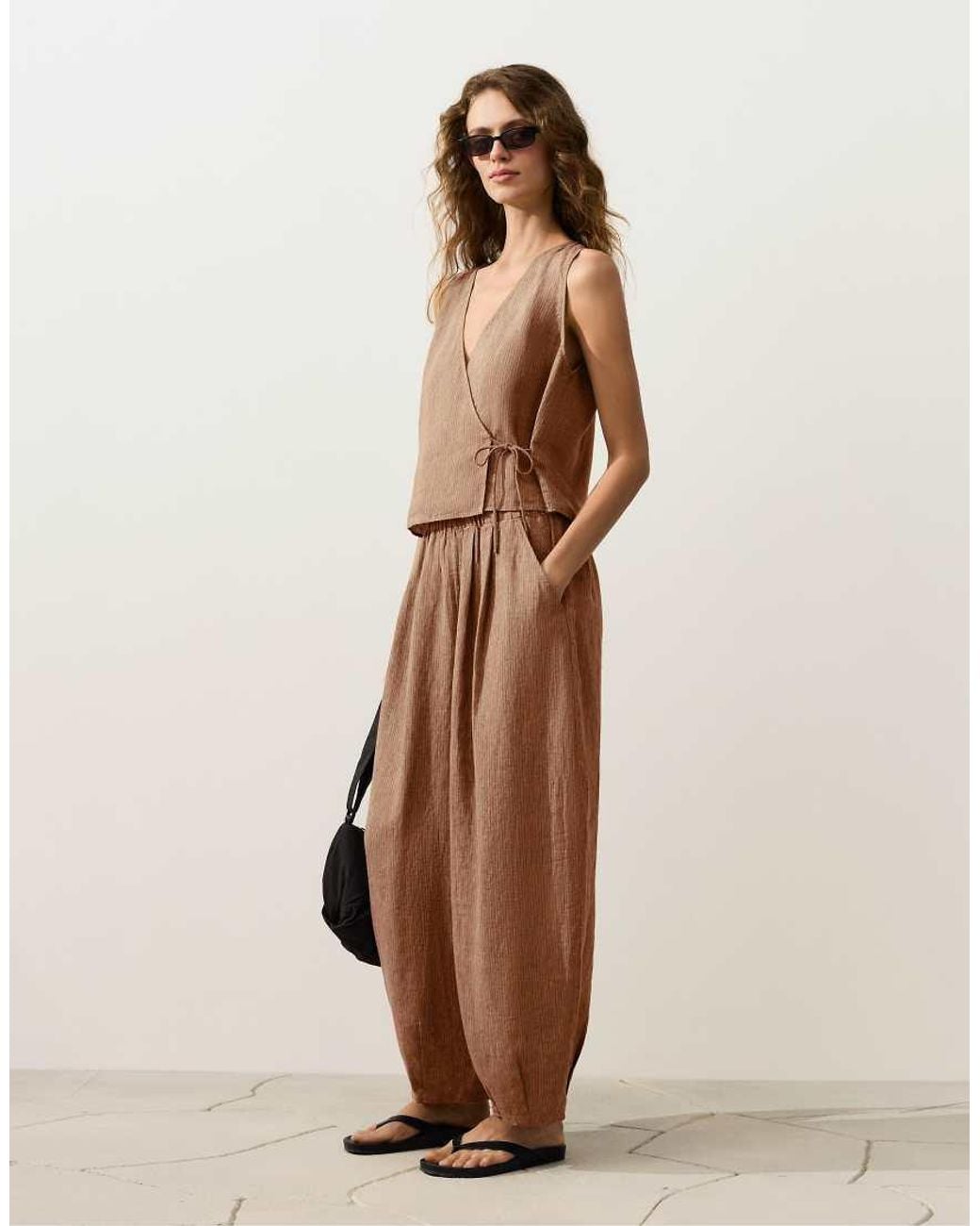 Oysho Brown 100% Linen Square Neck Crossover Tie Top