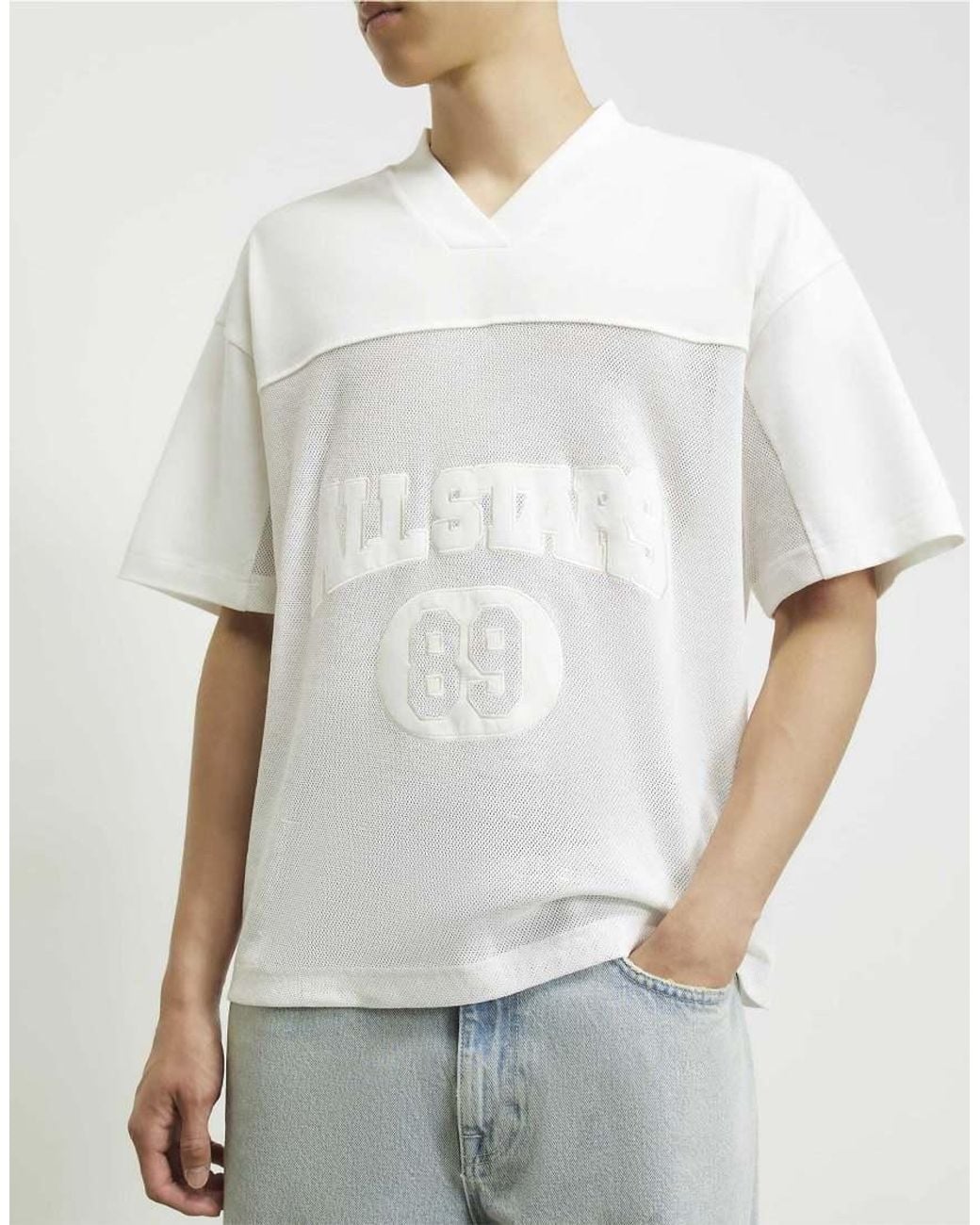 River Island Natural Cotton Mesh Block V Neck Top for men