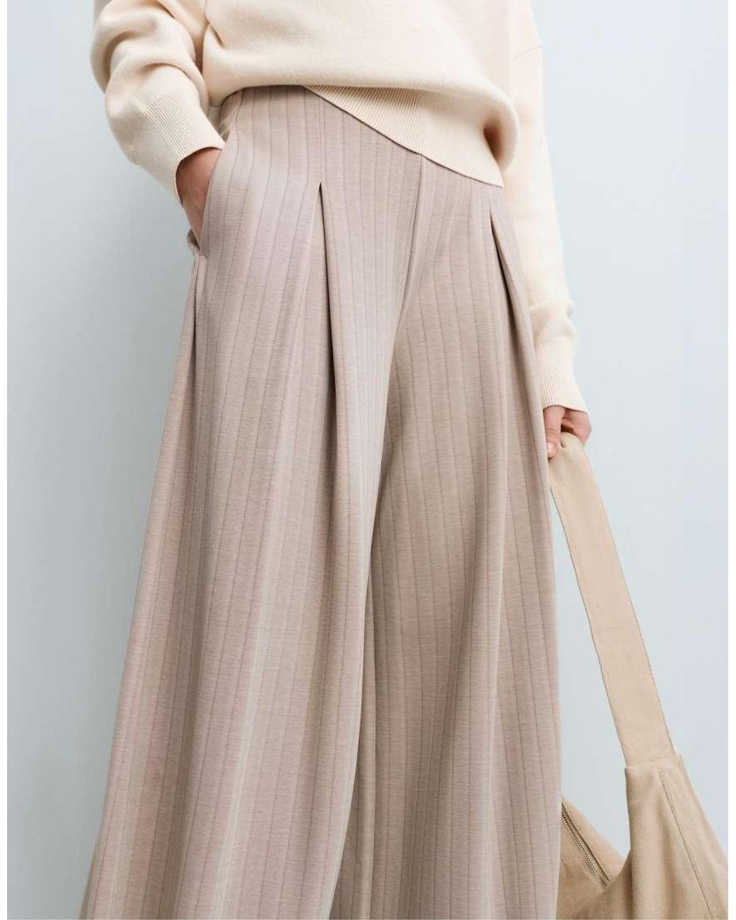 Oysho Natural Soft-Touch Striped Wide-Leg Trousers