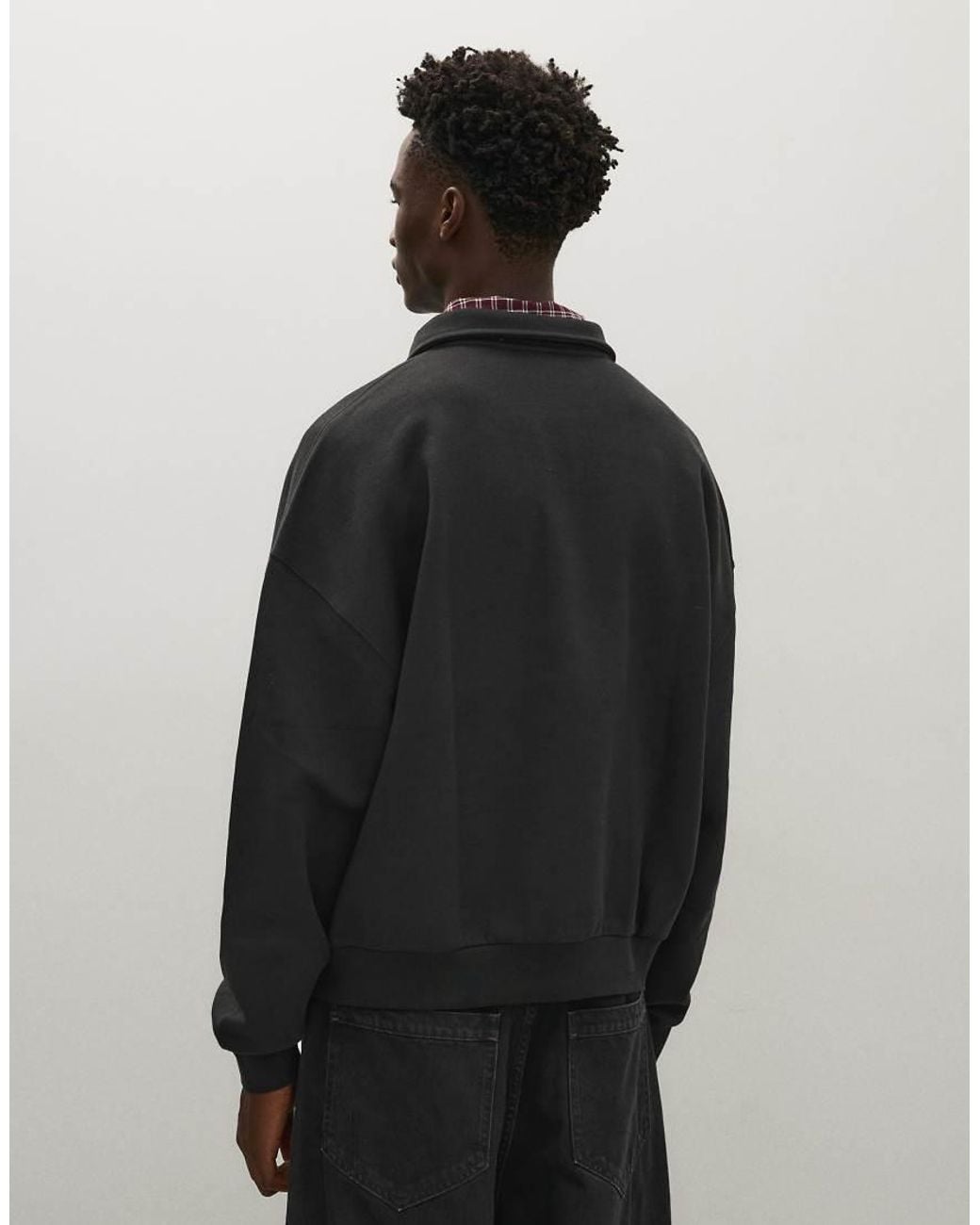 Bershka Black Buttoned Polo Collar Sweatshirt for men