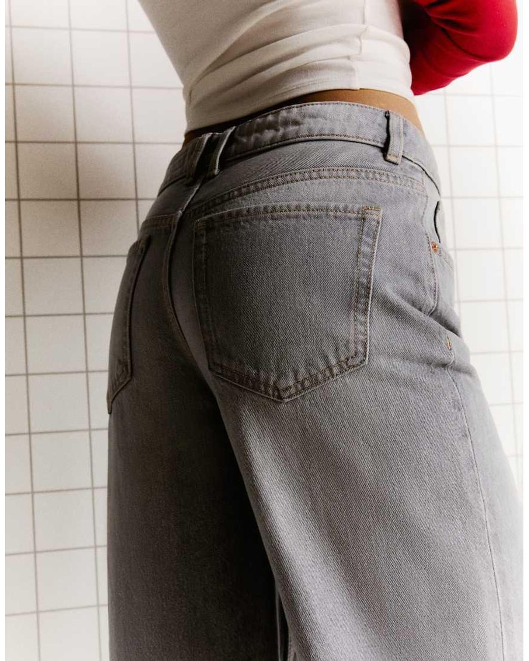 Bershka Gray Petite High-Waist Wide Straight-Leg Jeans