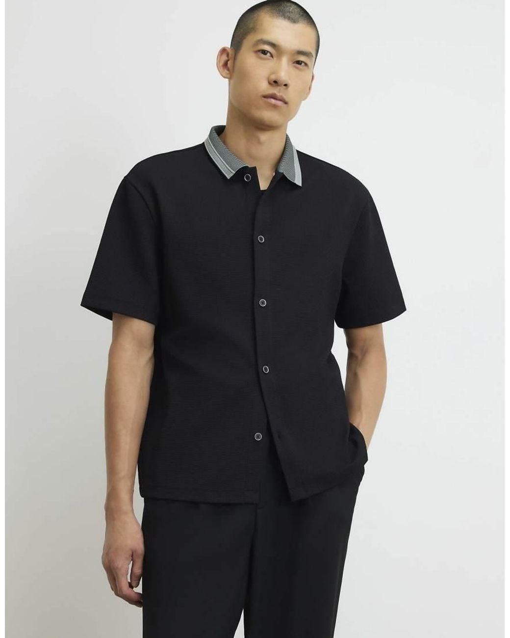 River Island Black Regular Fit Cotton Buttoned Shirt for men