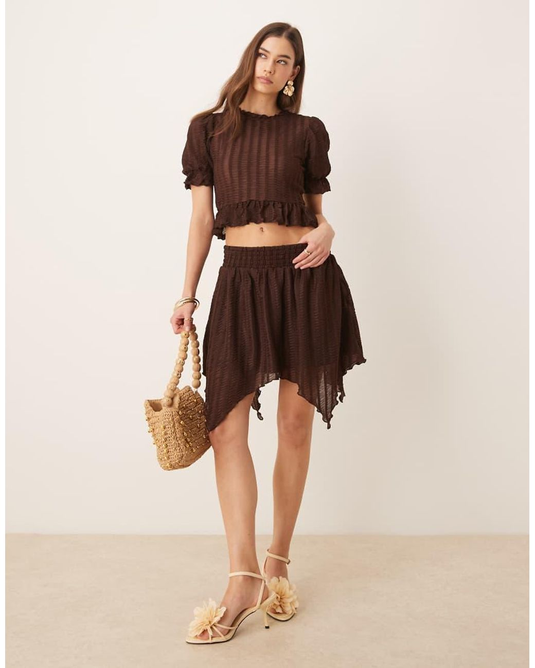 ASOS Brown Co-ord Textured Shirred Top With Ruffle Detailing