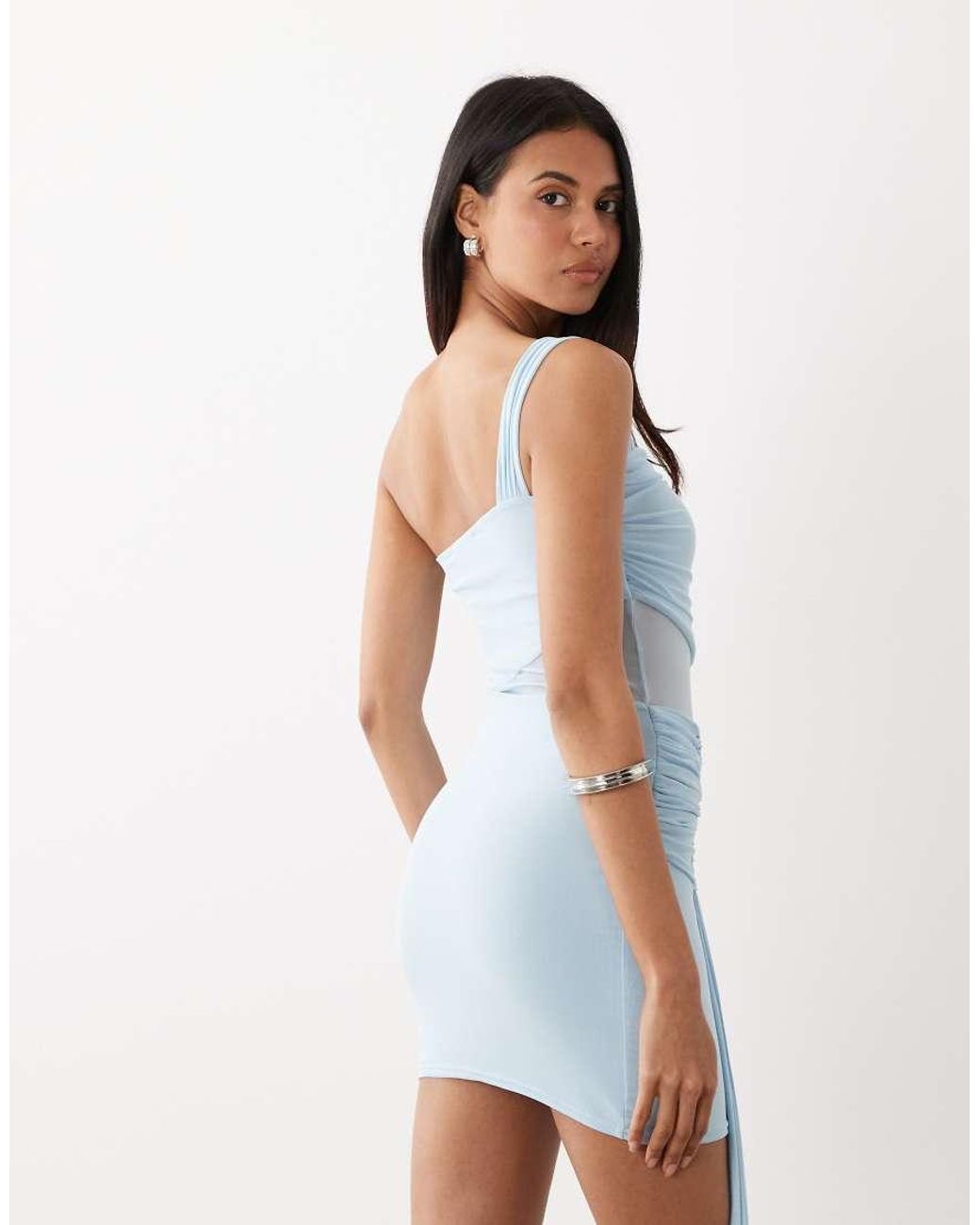 Kaiia Multicolor Exclusive Double Layered Slinky One Shoulder Sheer Panel Drape Detail Mini Dress