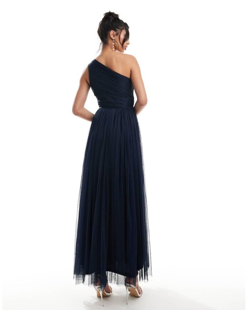 LACE & BEADS Blue Bridesmaid One Shoulder Tulle Maxi Dress