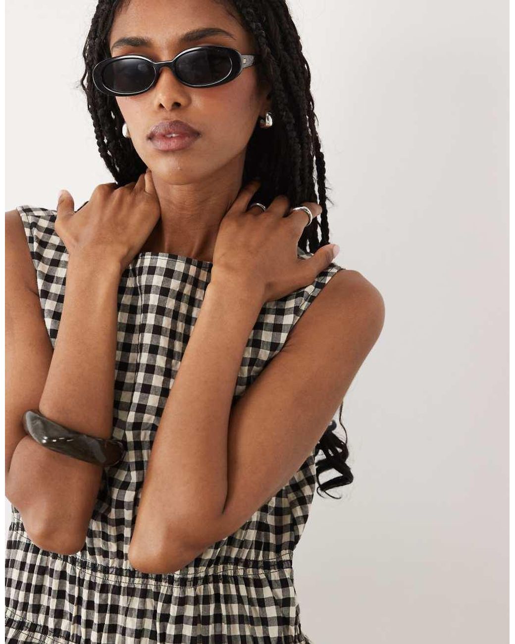 ARKET Brown Cotton Rich Seersucker Cinched Waist Midi Dress