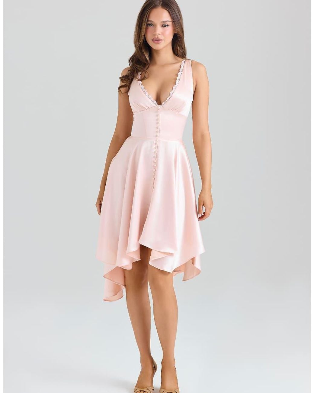 House Of Cb Pink Sabella Satin Asymmetric Handkerchief Hem Midi Dress