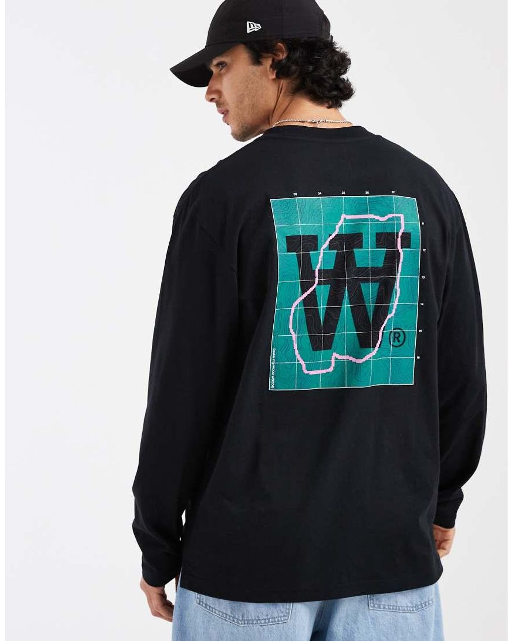 DOUBLE A by WOOD WOOD Blue 100% Cotton Liam Map Graphic Long Sleeve T-shirt for men