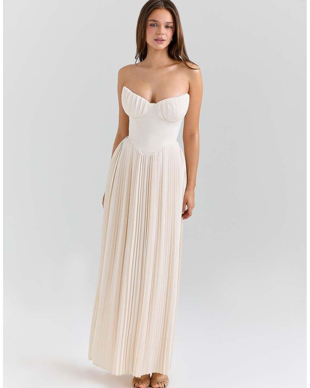 House Of Cb Natural Marcella Ivory Georgette Pleated Maxi Dress